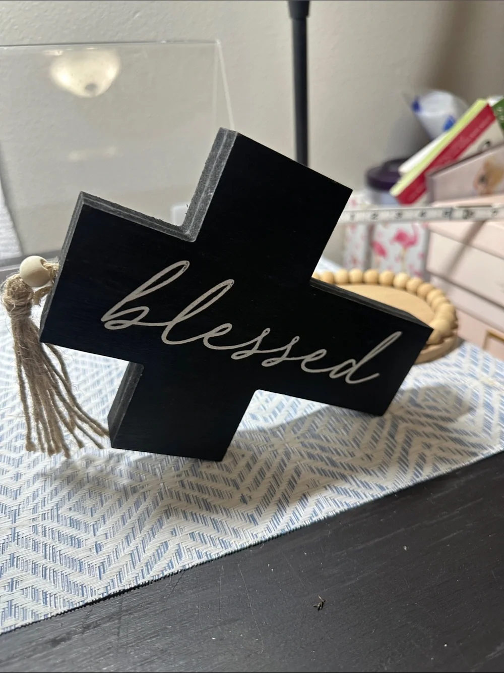 Decorative Blessed Cross Sign with Natural & Black Bead Accents Bundle  NWT